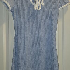 Blue Textured Dress with White Trim